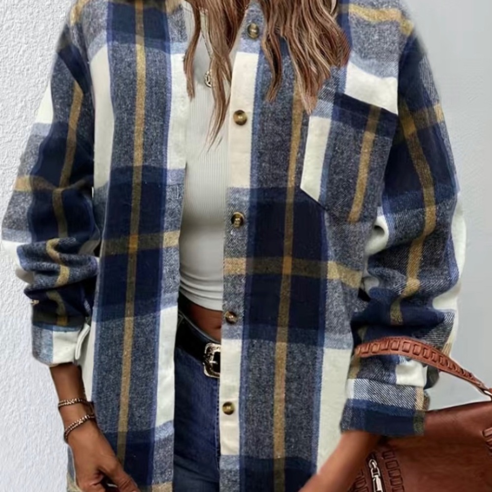 Women’s Blue Plaid Print Shacket Jacket Casual Button Front Long Sleeve NWT